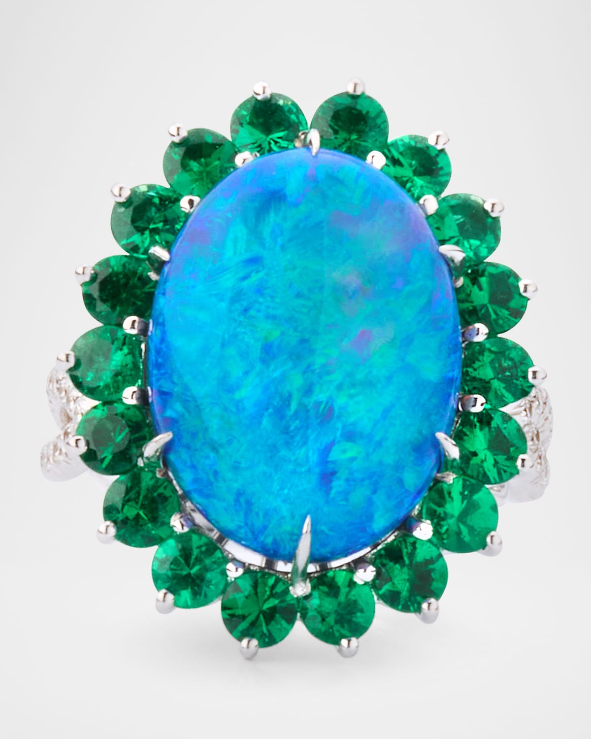 18K White Gold Black Opal and Emerald Cluster Ring, Size 6