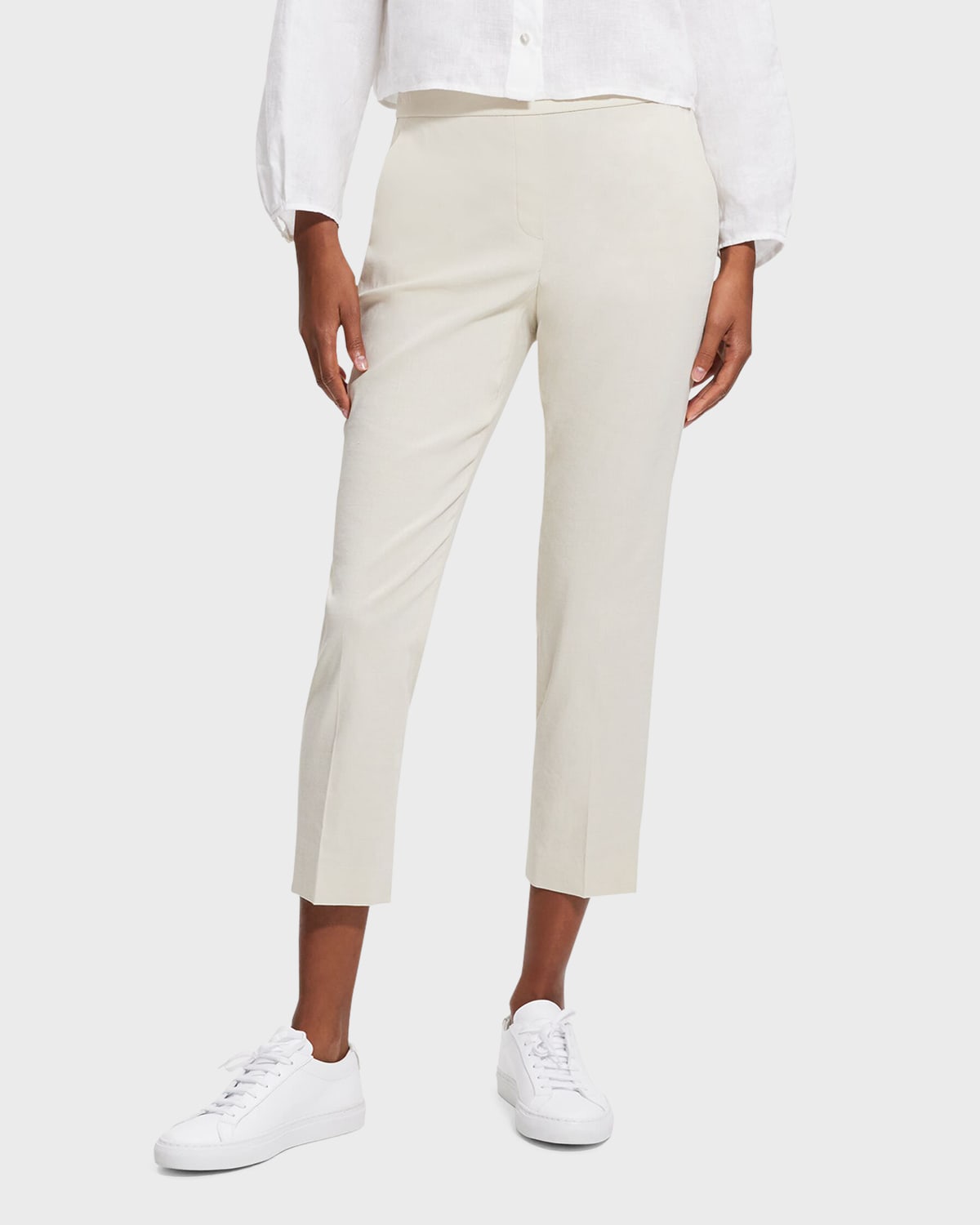 Theory Treeca Good Linen Cropped Pull-on Ankle Pants In Sand