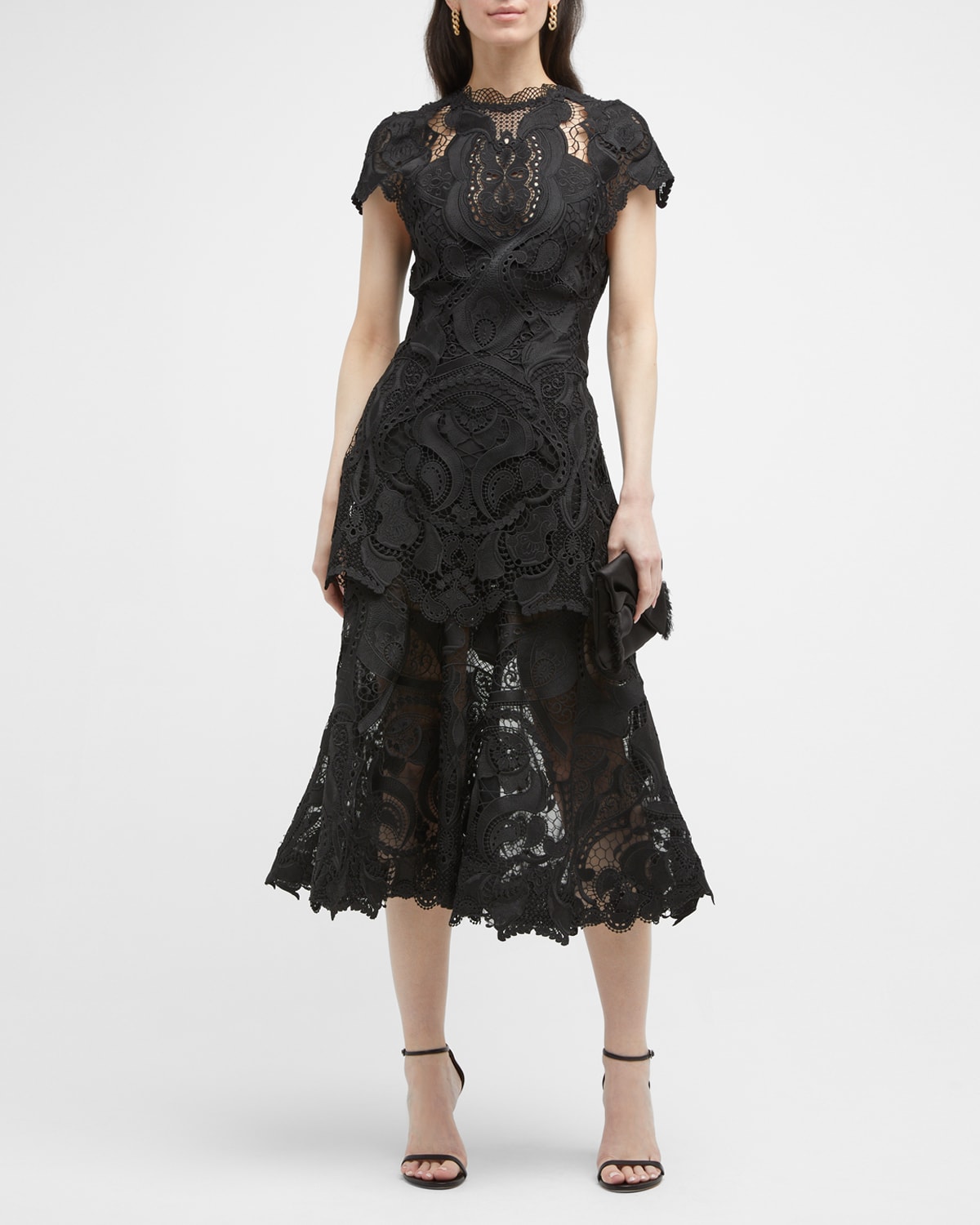 Guipure Lace Belted Midi Dress
