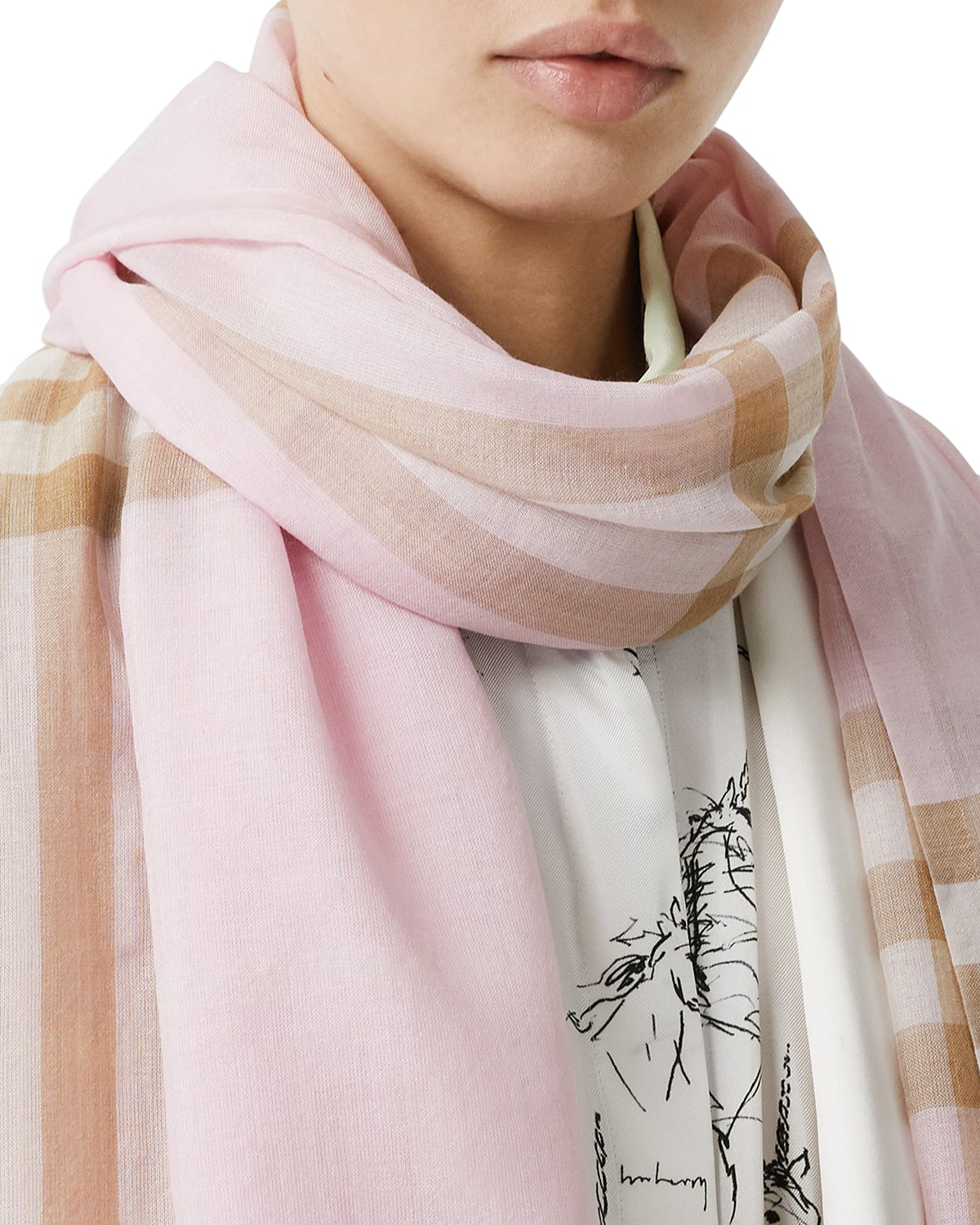 Burberry Check Pattern Wool Silk Blend Scarf In Pale Pink