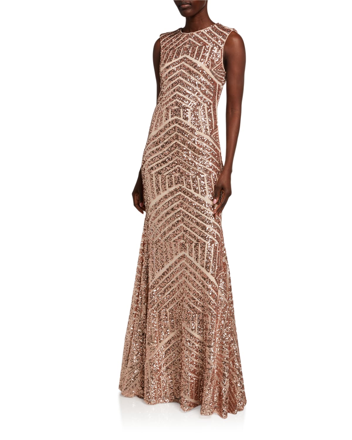 Graphic Beaded Open-Back Column Gown