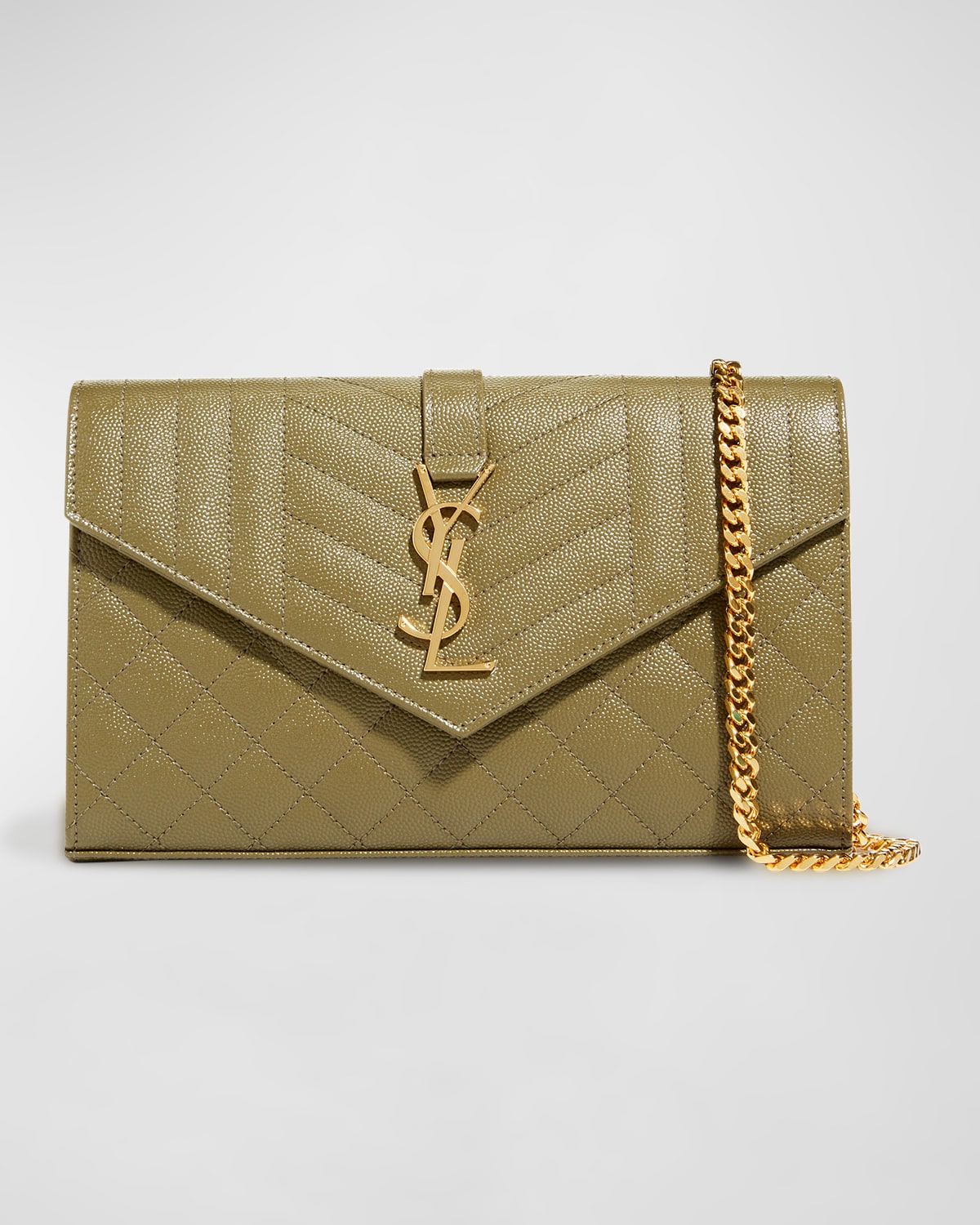 Saint Laurent Ysl Tri-quilted Wallet On Chain In Vert Kaki