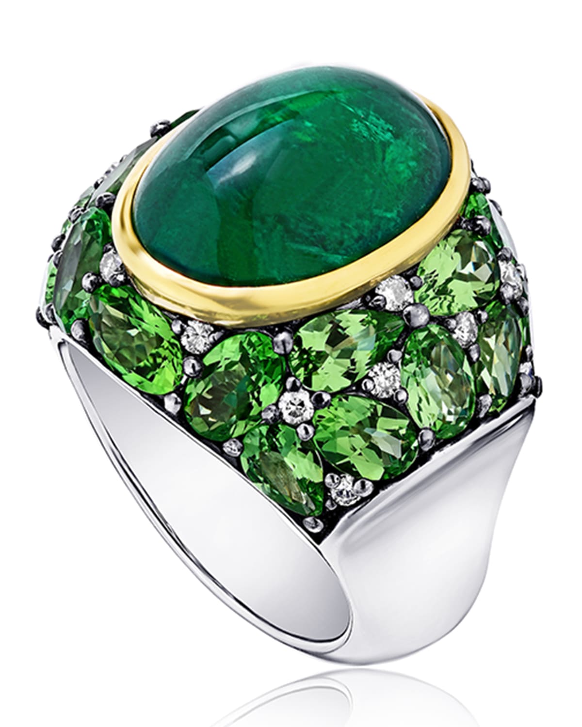 Emerald Oval Ring with Tsavorite and Diamonds, Size 7