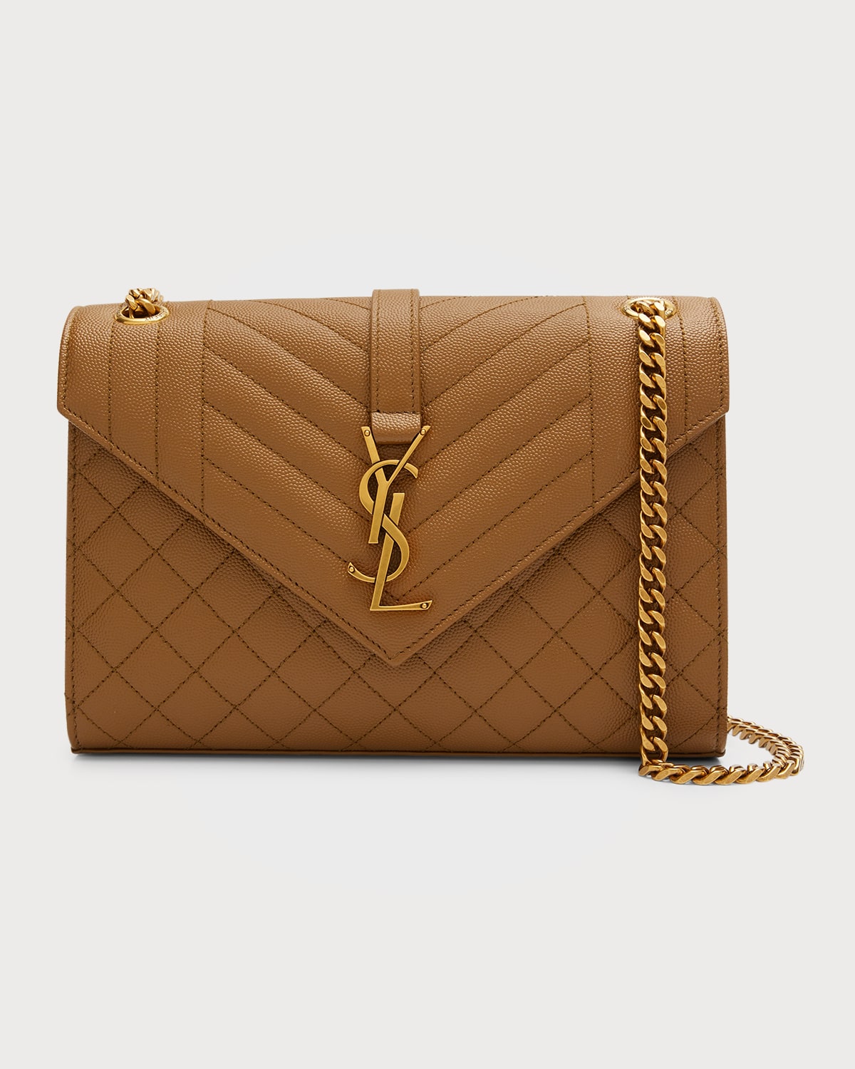 Saint Laurent Triquilt Medium Ysl Monogram Grain De Poudre V Flap Satchel Bag - Golden Hardware In 3334 Old Oil