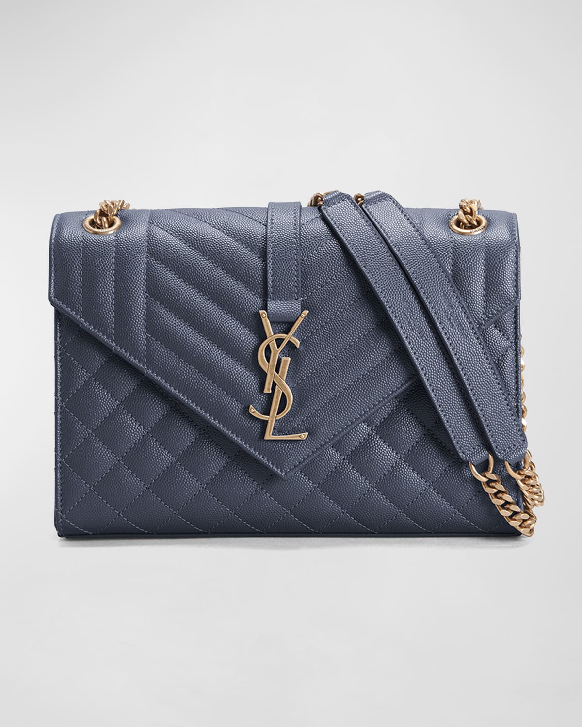 Saint Laurent Triquilt Medium YSL Monogram Grain de Poudre V Flap Satchel Bag Golden Hardware Smart Closet