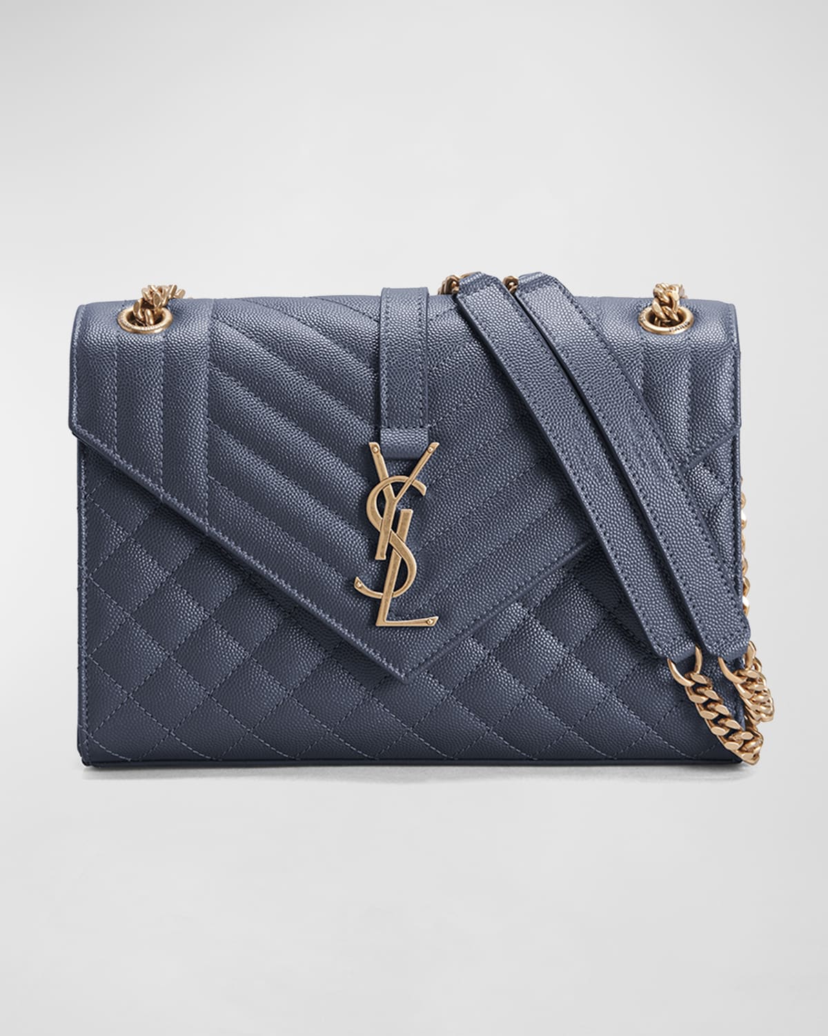 Saint Laurent Triquilt Medium Ysl Monogram Grain De Poudre V Flap Satchel Bag - Golden Hardware In 4227 Blue Char