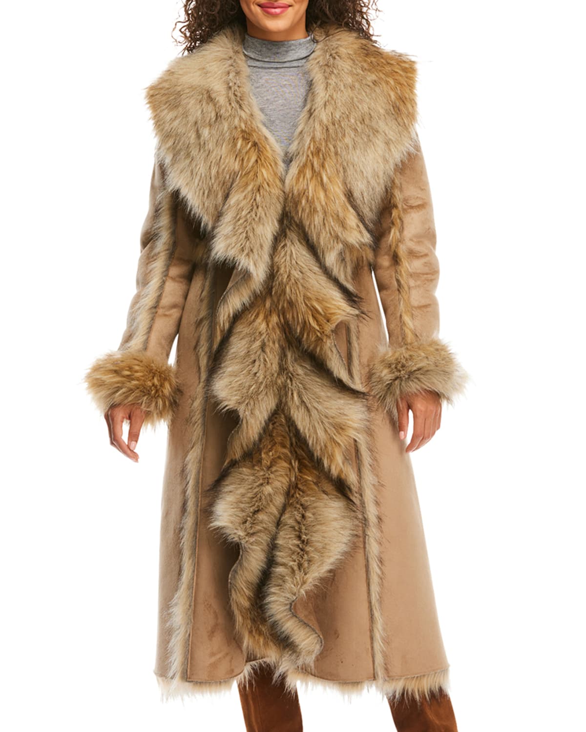 Fabulous Furs Cascade Faux Suede Faux Fur-Trim Full Coat