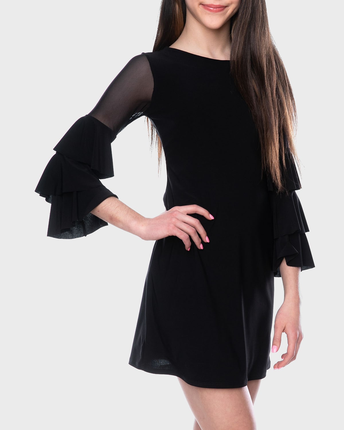 Shop Un Deux Trois Girl's Tiered Sleeve Sheath Dress In Black
