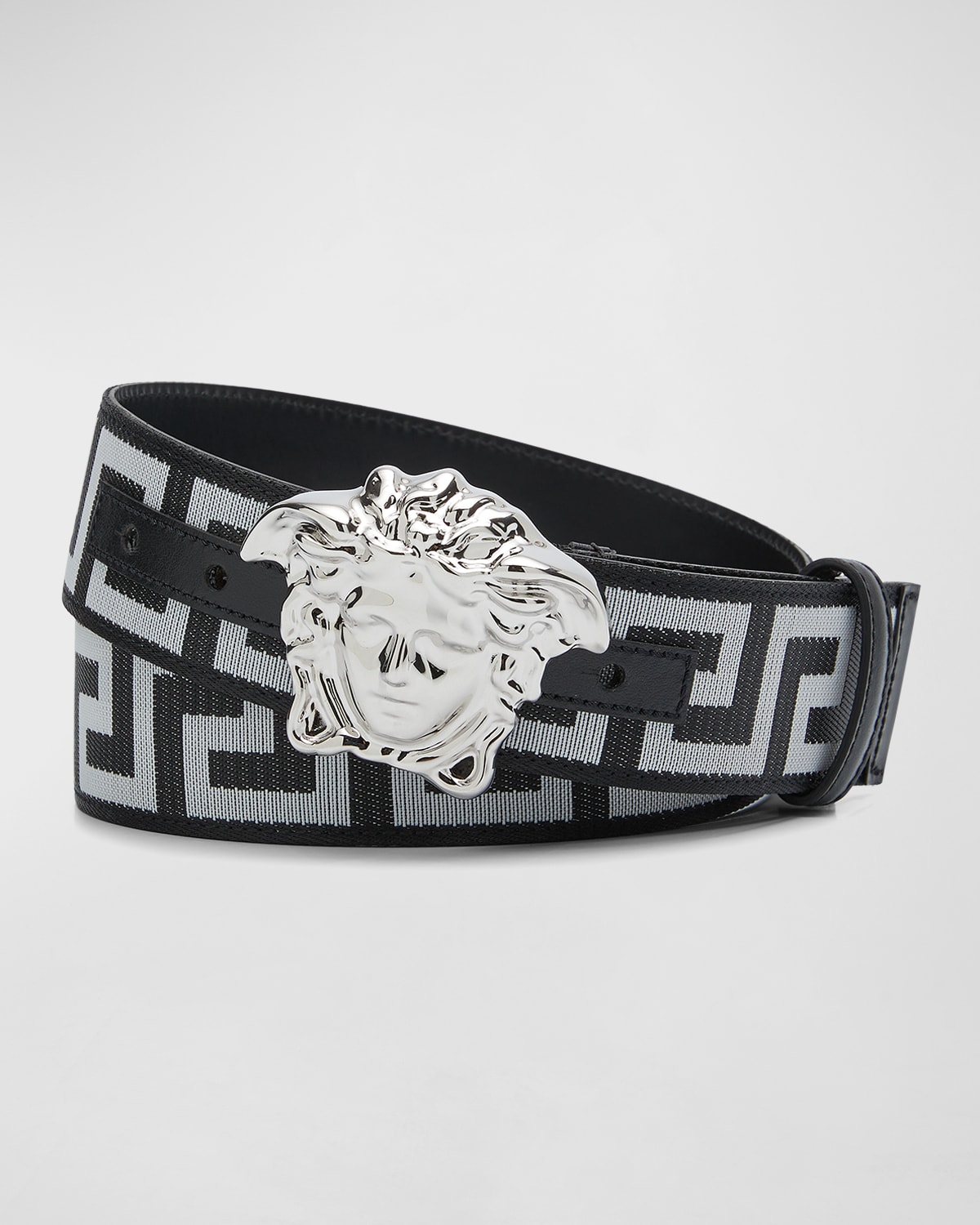 Versace Men's Tonal Medusa/greek Key Web Belt In Black White Silver