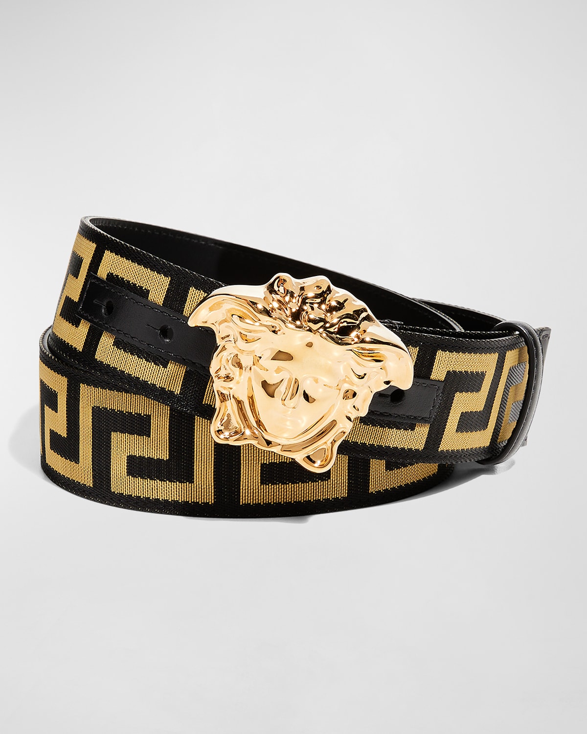 Shop Versace Men's Tonal Medusa/greek Key Web Belt In Blackgold- G