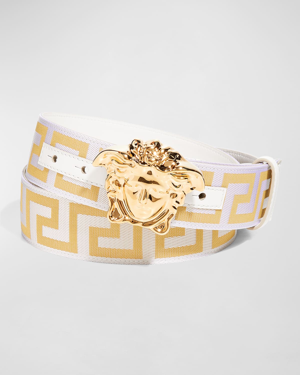 Men's Tonal Medusa/greek Key Web Belt In White+gold
