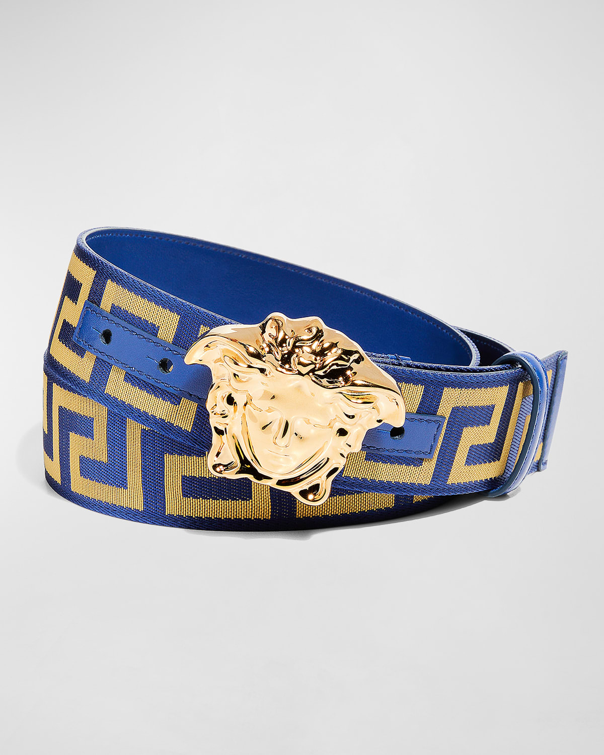 Versace First Line La Medusa La Greca Web Belt In Blugold- G
