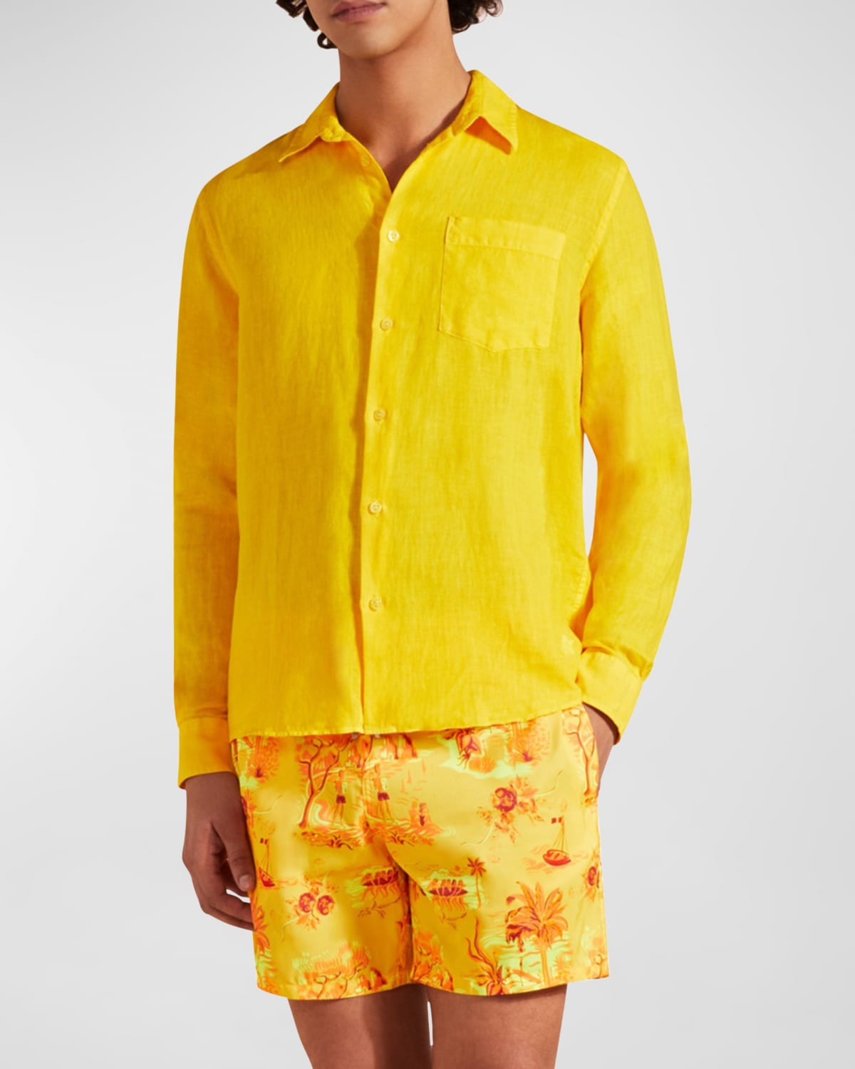 Vilebrequin Men's Caroubis Solid Linen Sport Shirt In Yellow