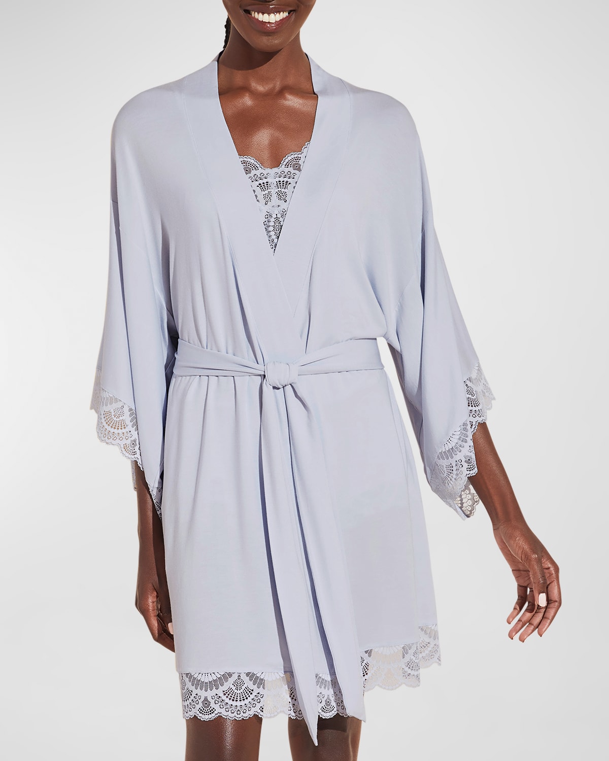 Shop Eberjey Marianna Mademoiselle Lace-trim Kimono Robe In Ice Blue