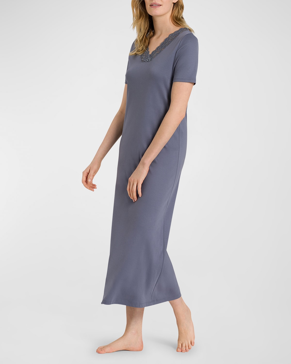 Hanro Moments Short-sleeve Long Nightgown In Pigeon