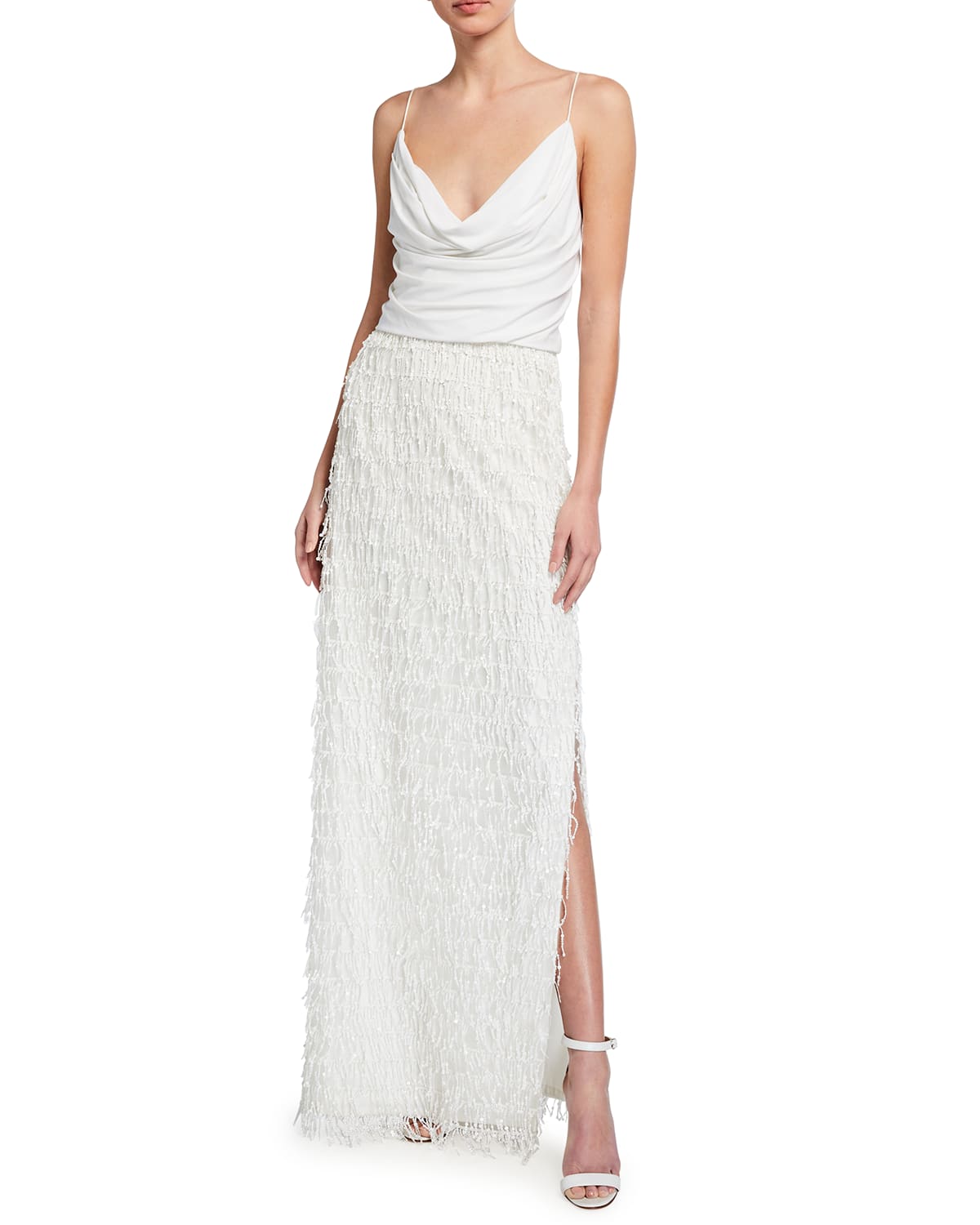 Cowl-Neck Sequined Fringe Column Gown