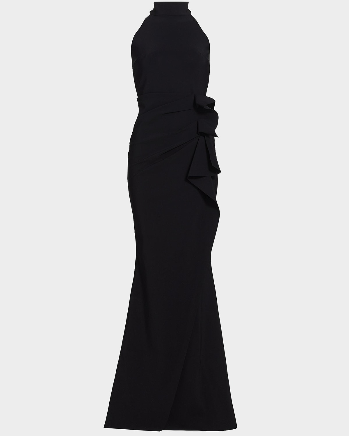 Chiara Boni La Petite Robe Side Ruched Halter Gown With Asymmetric Ruffle In Black