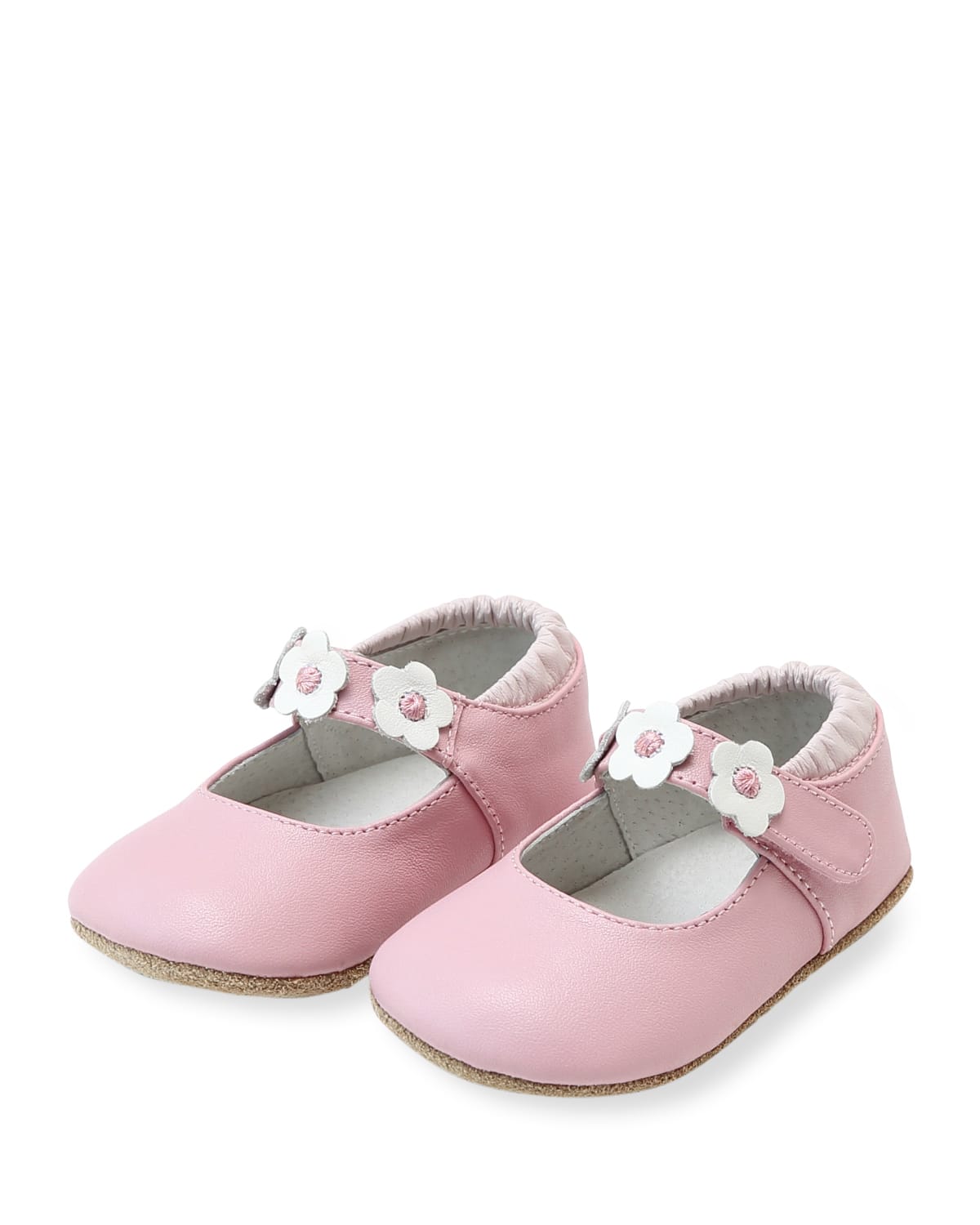L'amour Shoes Girl's Hope Soft Leather Flower Strap Crib Mary Jane, Baby In Pink