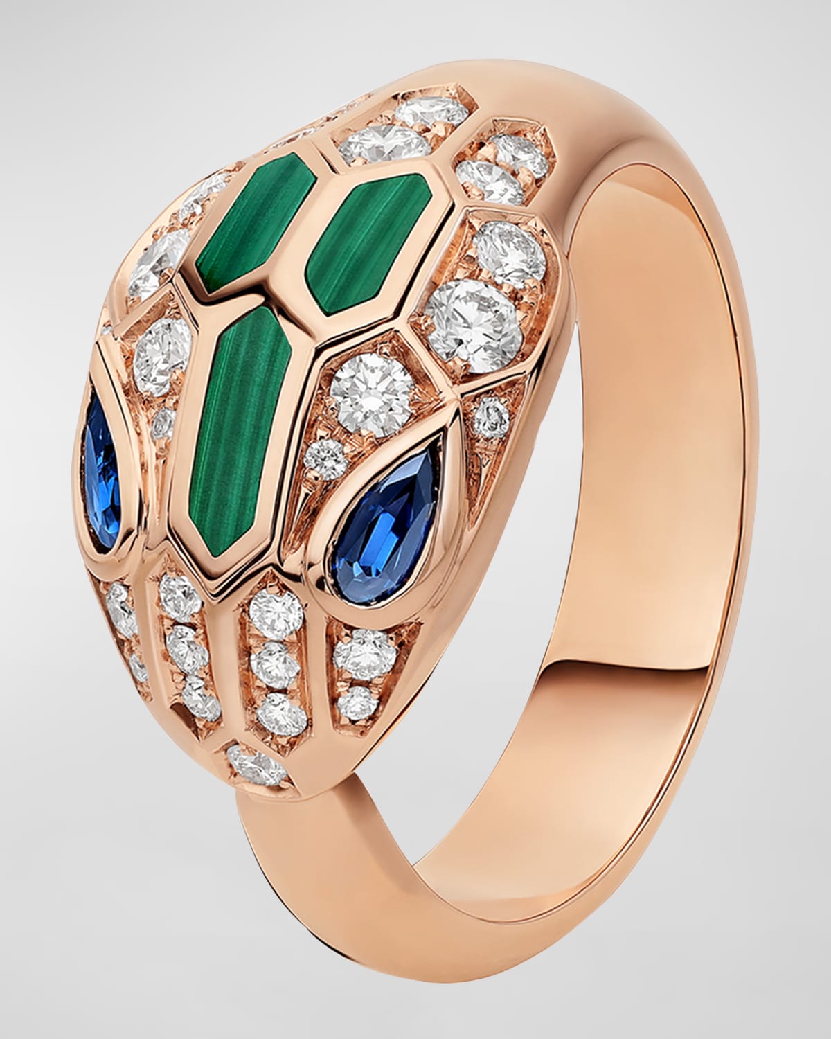 Serpenti Ring in 18k Rose Gold with Malachite and Diamonds, Size 55