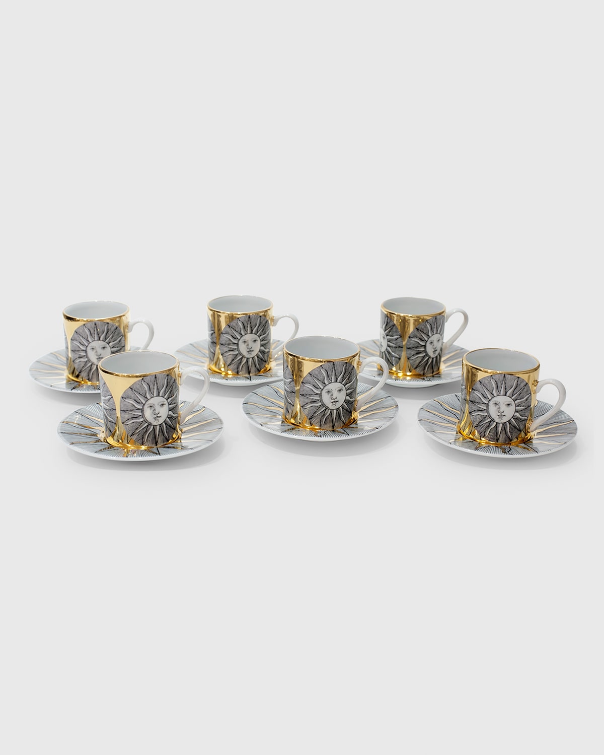 Fornasetti Set 6 Coffee Cups Sole Sunny Face In Black/gold