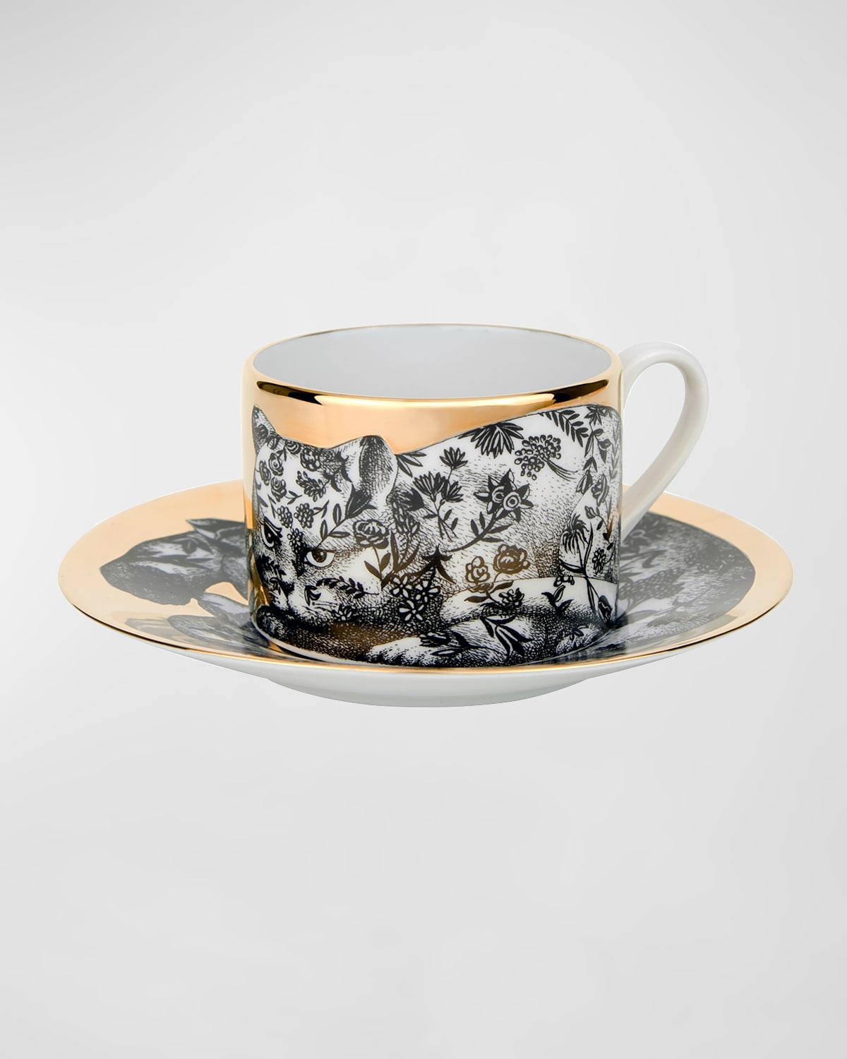 Fornasetti Tea Cup High Fidelity Floral Cat In Black