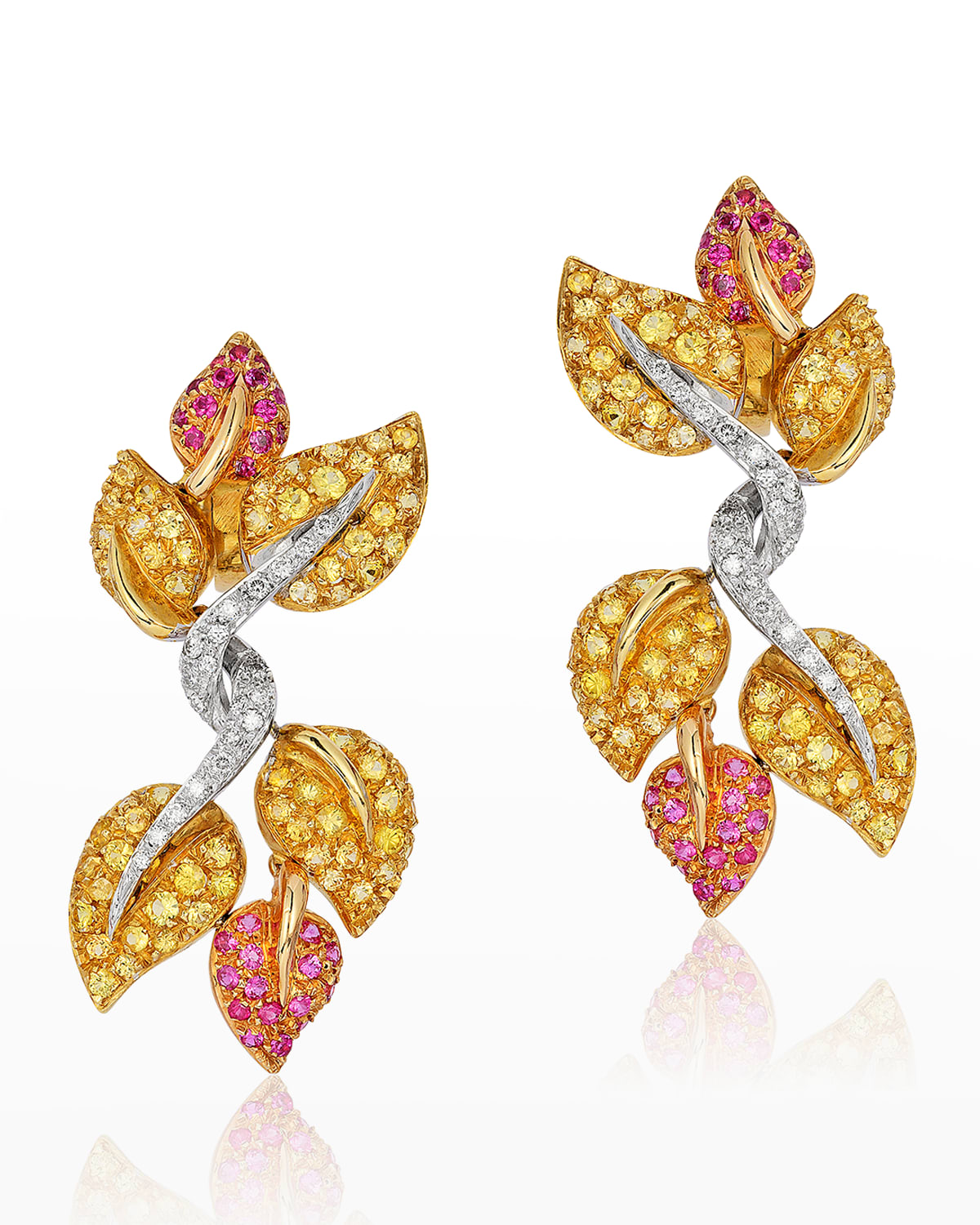 Yellow Gold Sapphire and Diamond Leaf Earrings