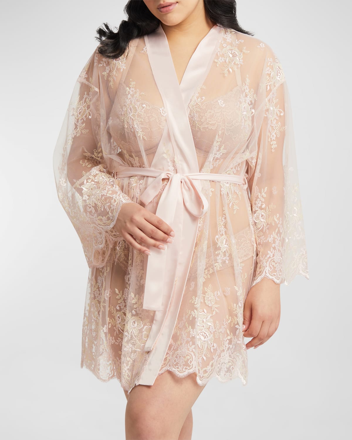 Rya Collection Plus Size Short Embroidered Lace Sheer Robe In Blush