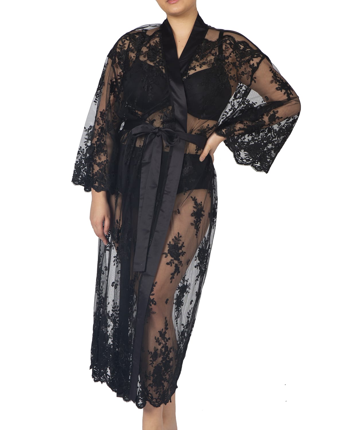 Rya Collection Plus Size Darling Long Embroidered Lace Robe In Black
