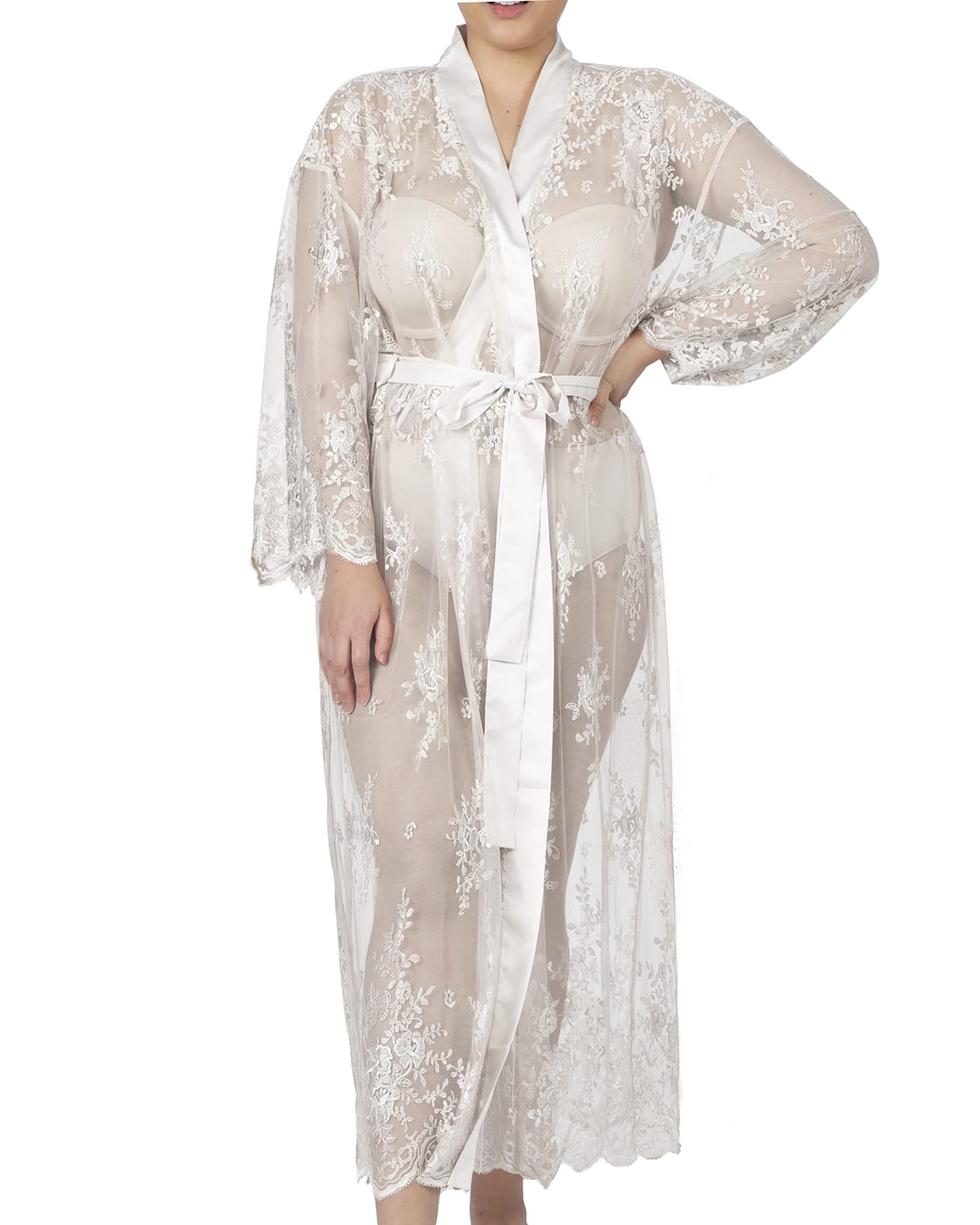 Rya Collection Plus Size Darling Long Embroidered Lace Robe In Ivory