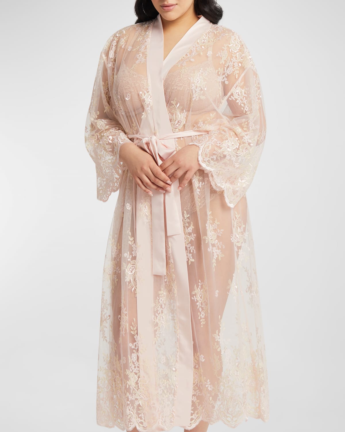 Rya Collection Plus Size Darling Long Embroidered Lace Robe In Blush
