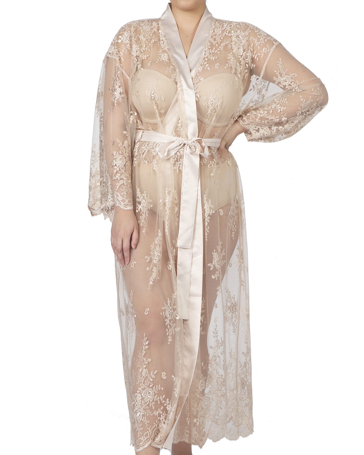 Rya Collection Plus Size Darling Long Embroidered Lace Robe In Champagne