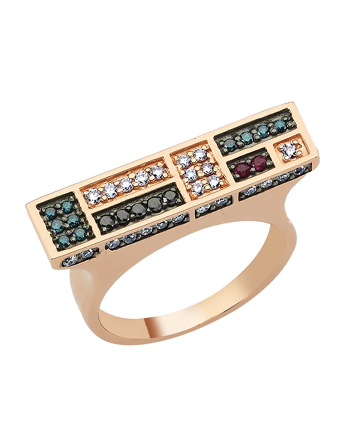 BeeGoddess Mondrian Multi-Diamond and Ruby Bar Ring, Size 7