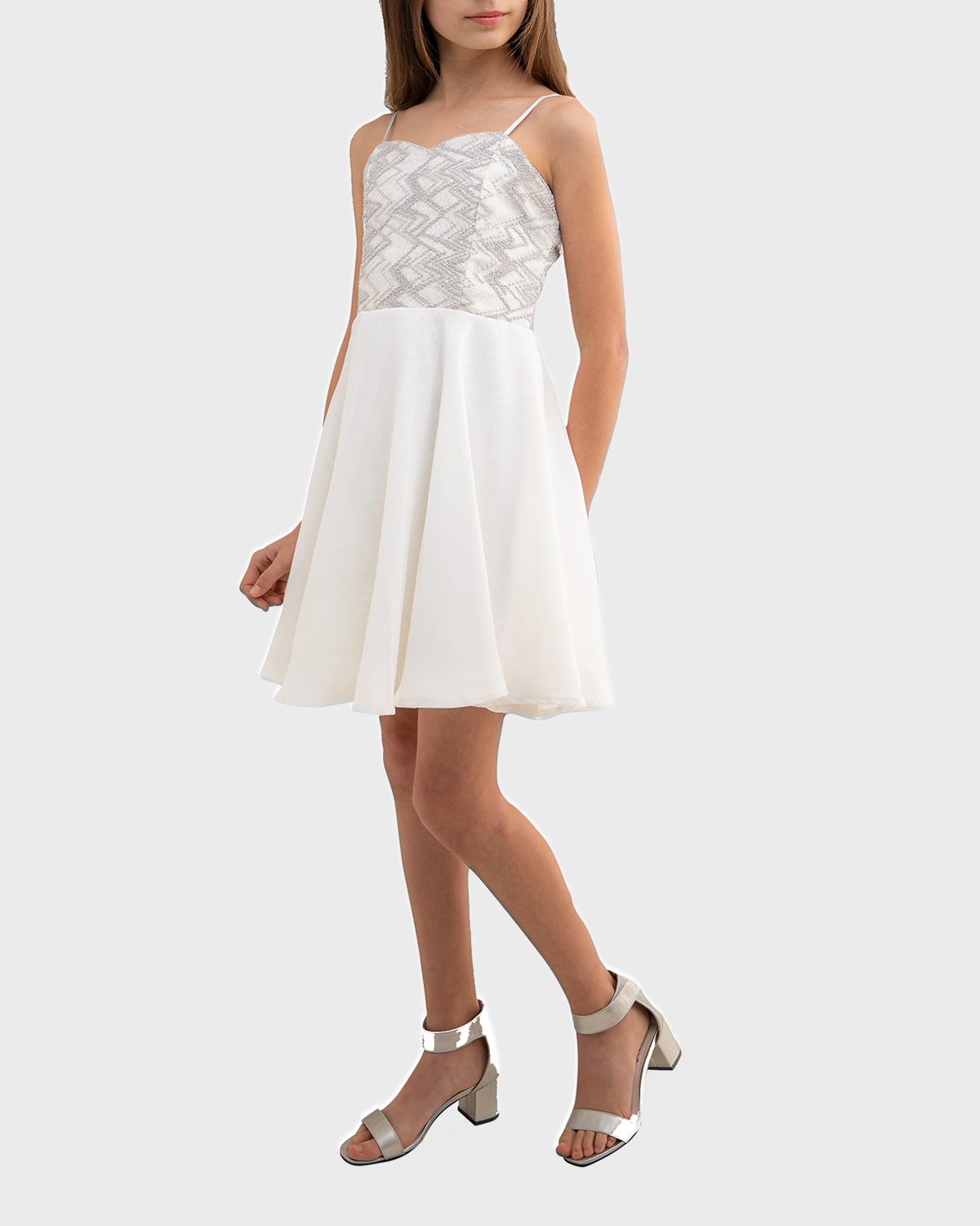 Shop Un Deux Trois Girl's Sequin And Chiffon Sleeveless Dress In Silver