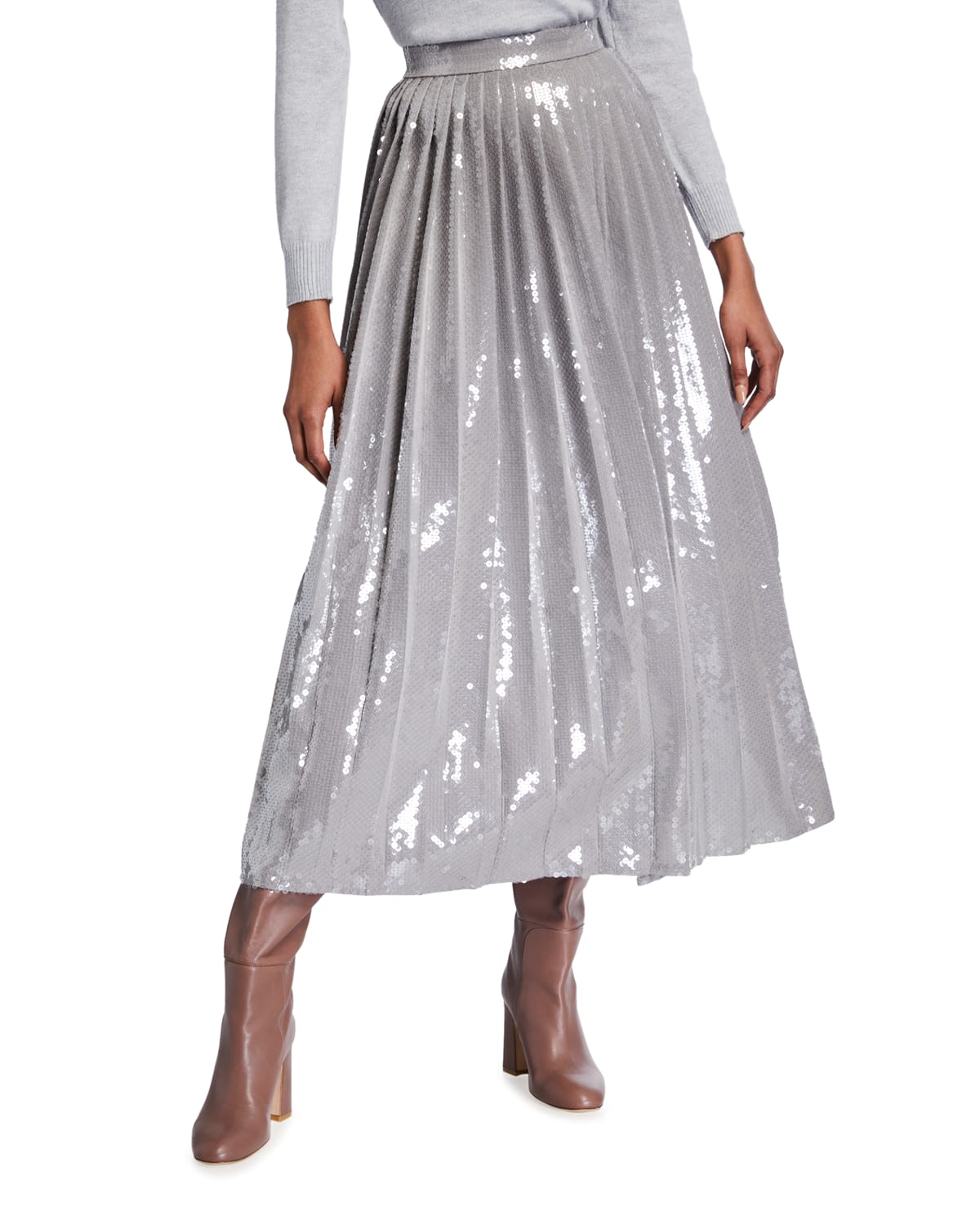 Brandon Maxwell Sequined Pleated Tea-Length Skirt