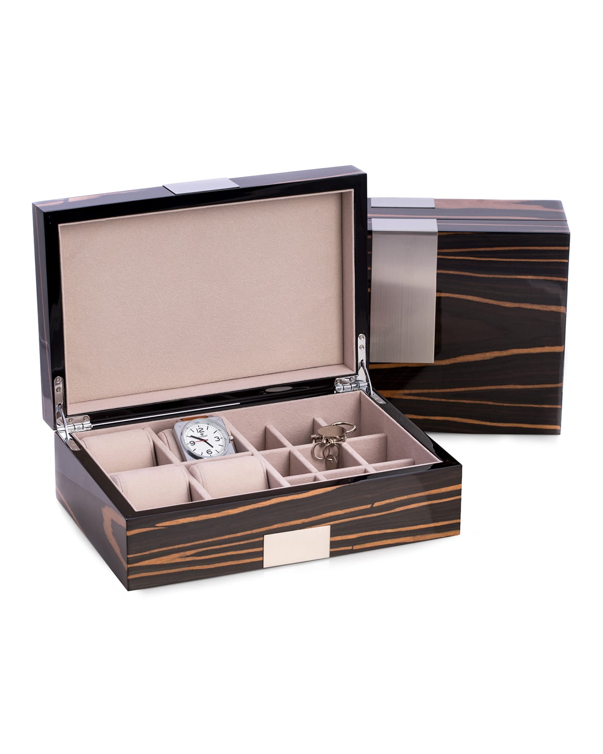 Shop Bey-berk Men's Lacquered Ebony Burl Wood Watch/cufflink Valet Box In Brown