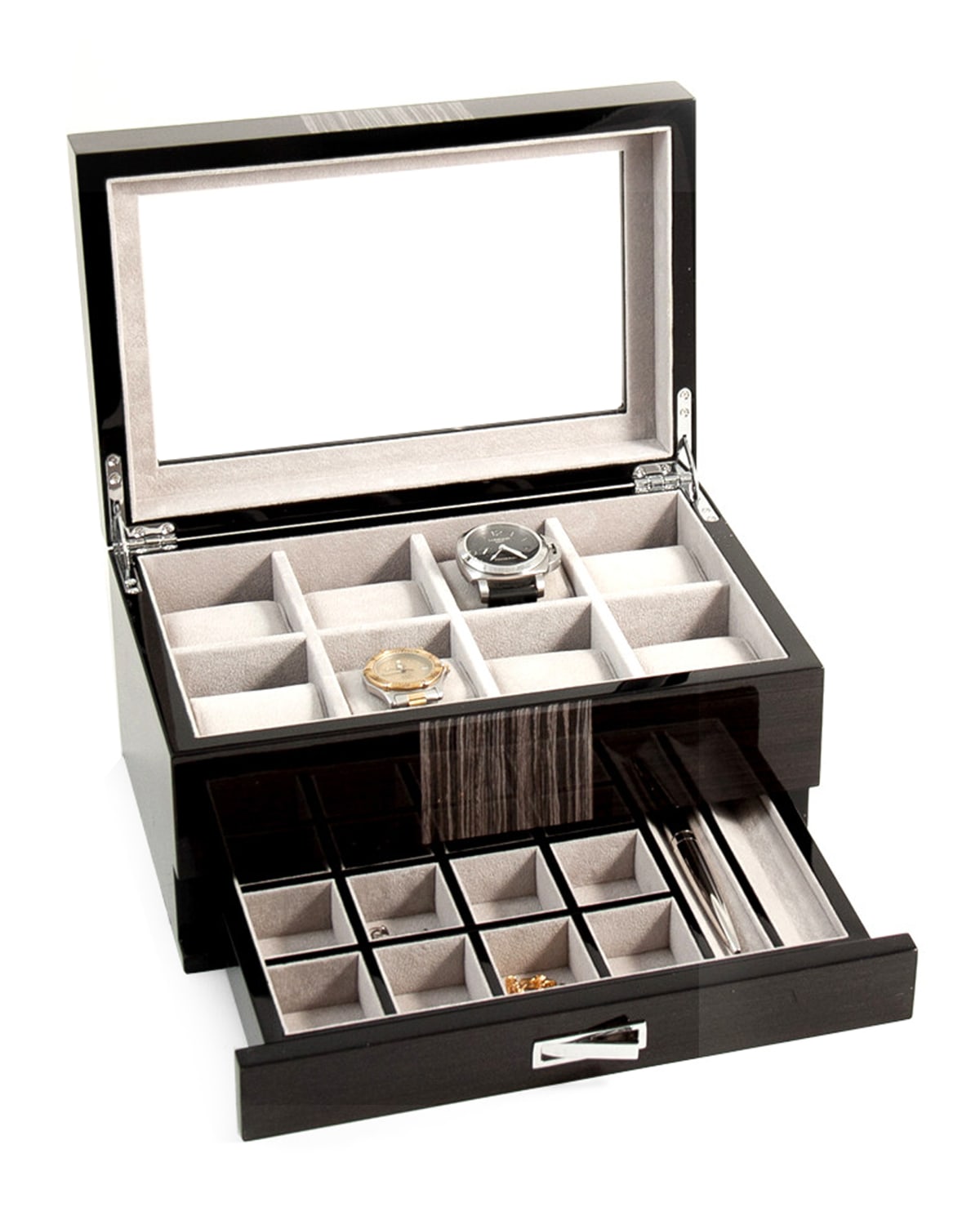 Shop Bey-berk Men's Lacquered Wenge Wood 8-watch Storage Box W/ Drawer In Grey