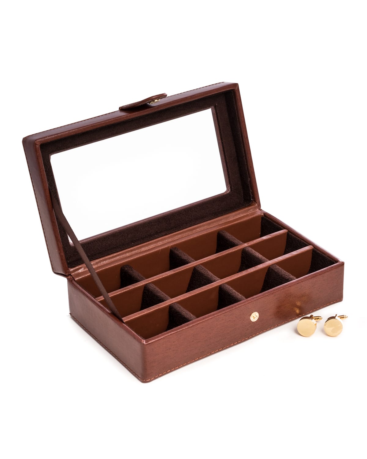 Shop Bey-berk Men's 12-cufflink Leather Storage Box W/ Glass Top In Brown