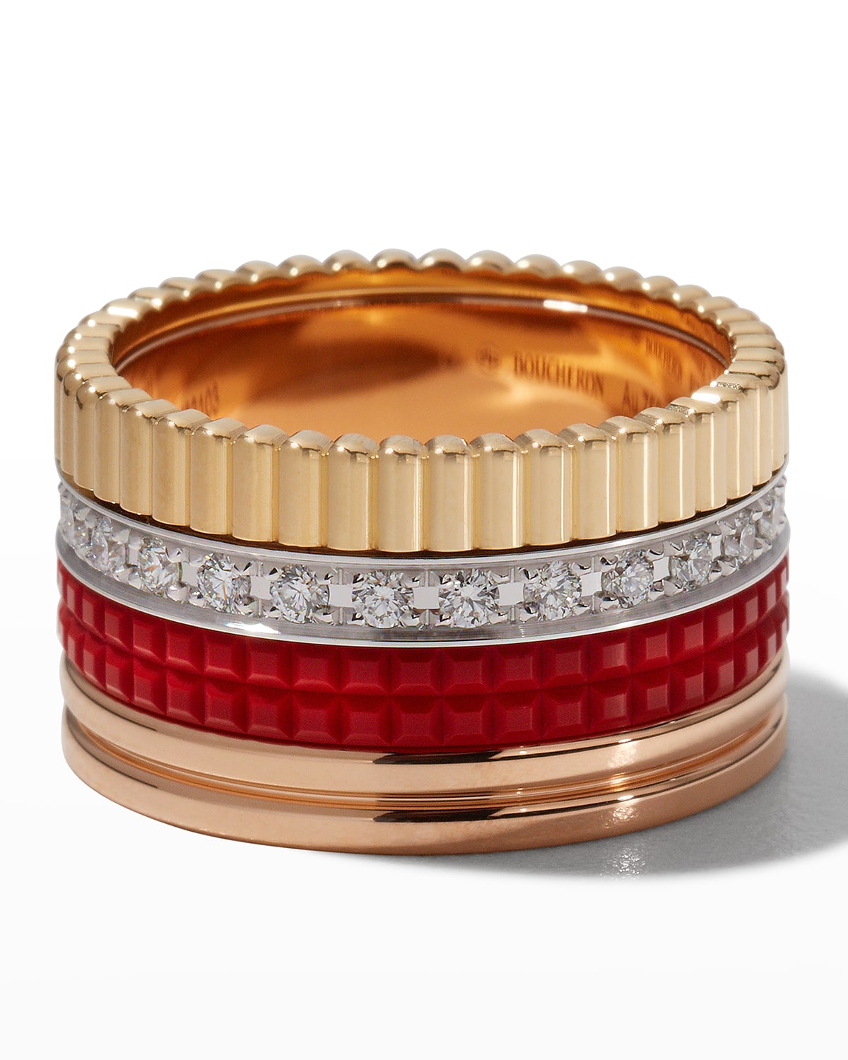 Quatre Large Ring in Tricolor Gold with Red Ceramic and Diamonds, Size 53