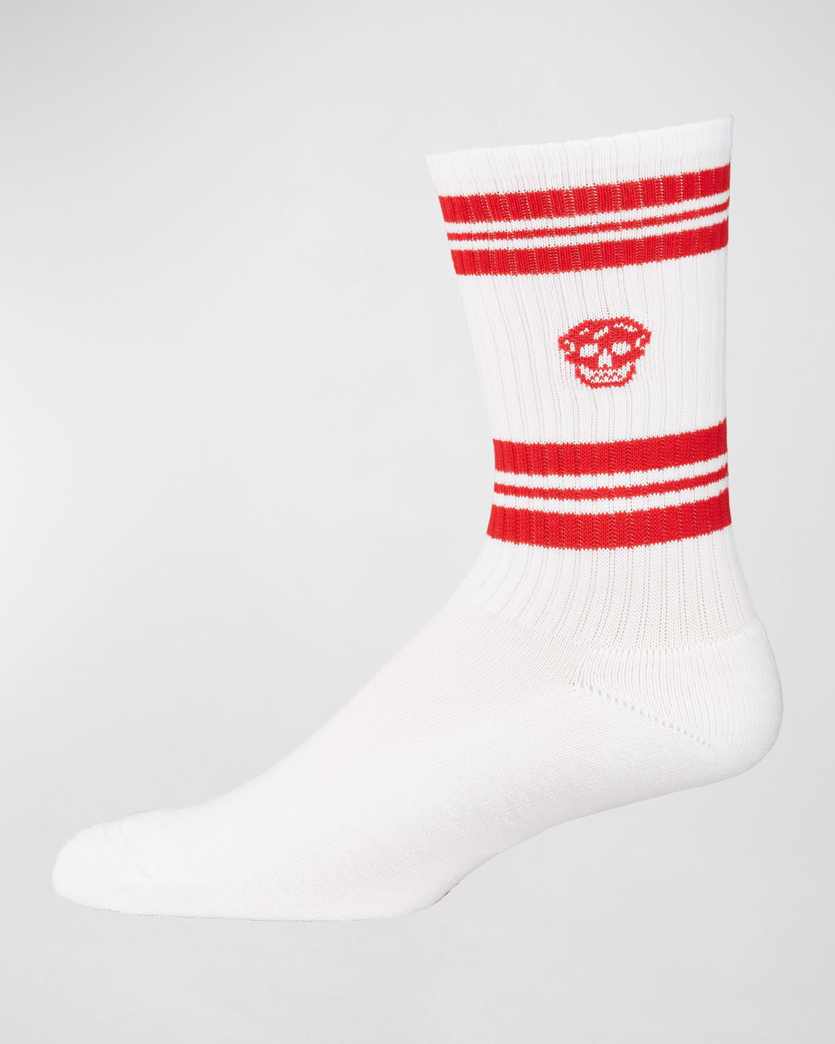 Alexander Mcqueen Men's Striped Skull Crew Socks In White/red