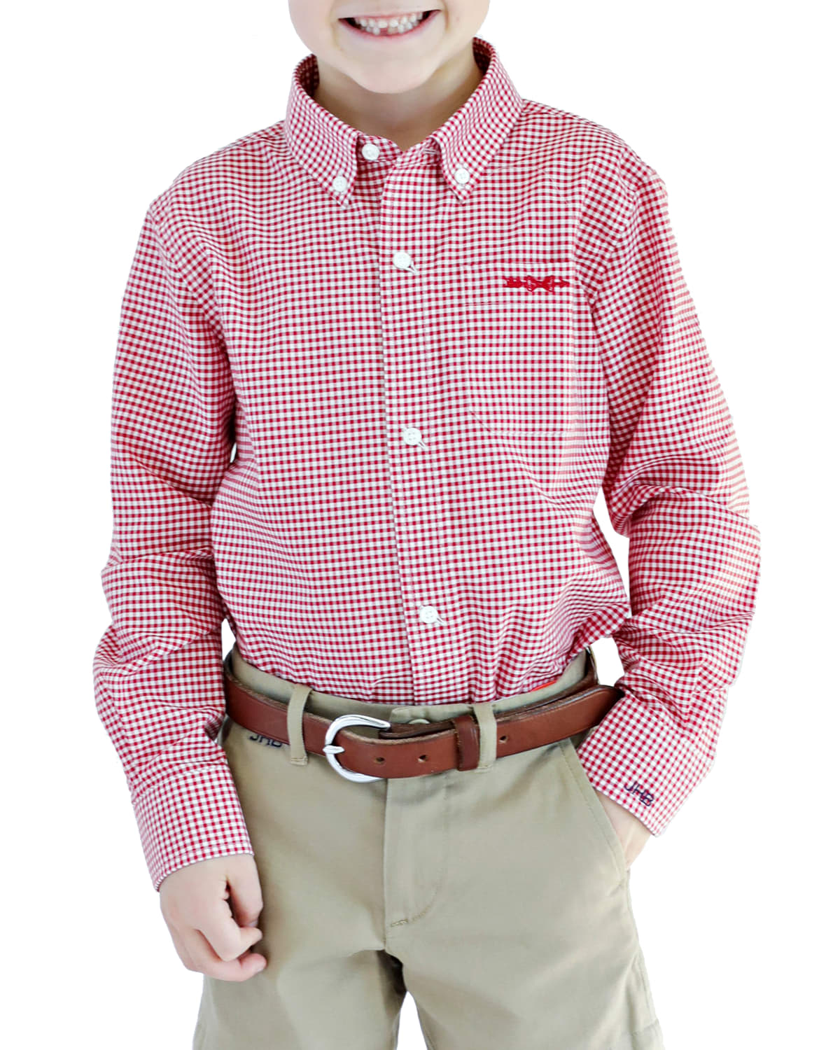 Shop Brown Bowen And Company Gingham Shirt - Monogram Option In Red Gingham