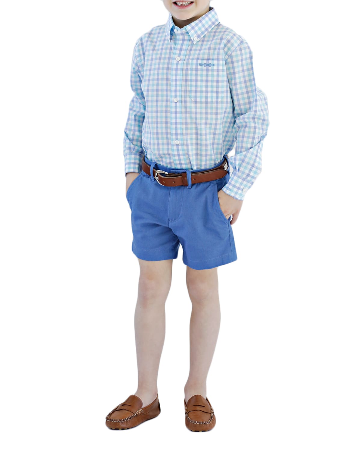 Brown Bowen And Company Kids' Bowen Arrow Button-down Shirt - Monogram Option In Blue/auqua Plaid