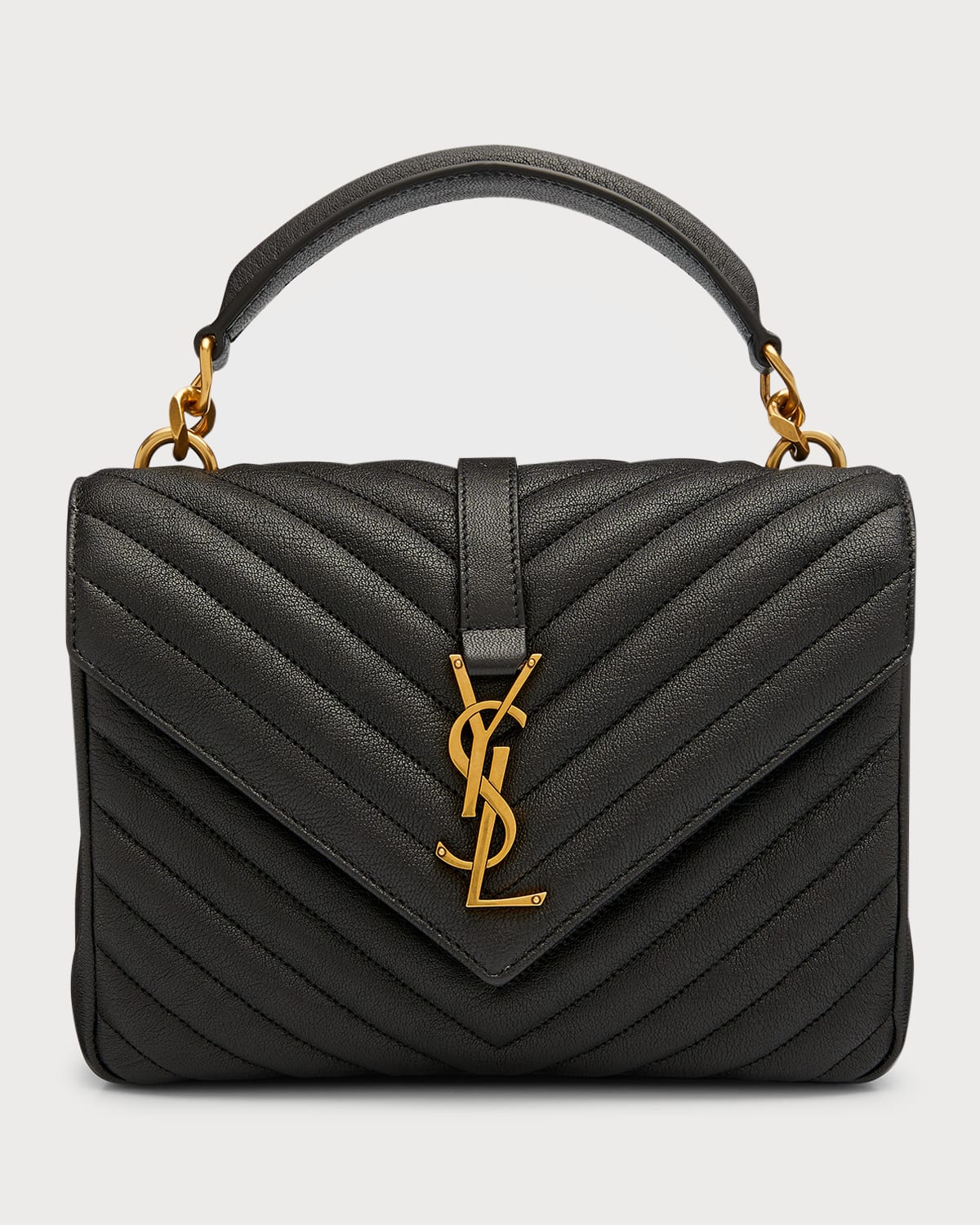 Saint Laurent College Medium Ysl Matelasse Lambskin V-flap Crossbody Bag With Golden Hardware In Black