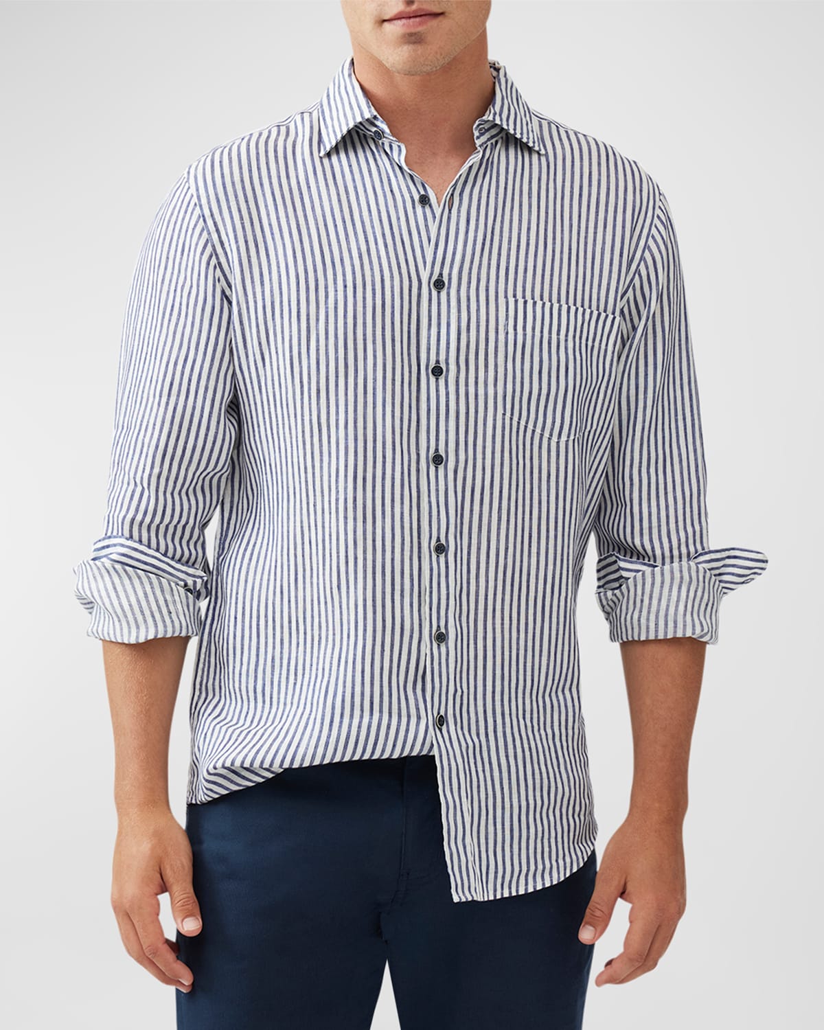 Rodd & Gunn Men's Linen Stripe Casual Button-down Shirt In Deep Ocean Blue