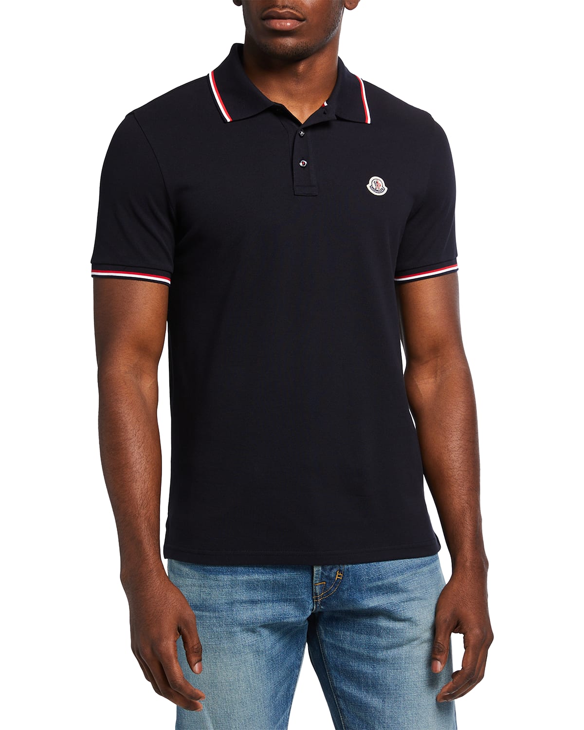 Moncler Men's Classic Tipped Polo Shirt W/ Logo Patch In Navy