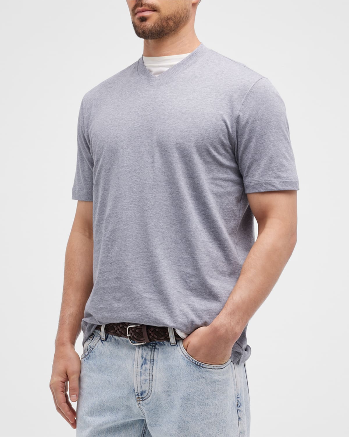 Shop Brunello Cucinelli Men's Basic-fit V-neck T-shirt In Grey