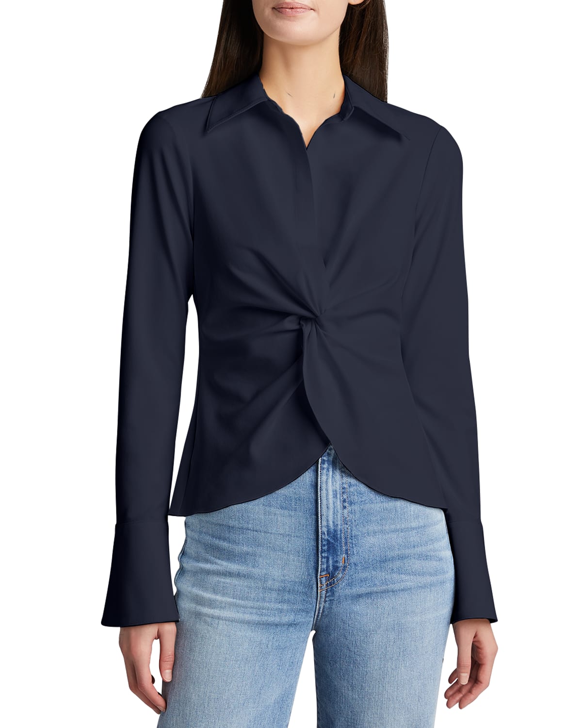 Shop Cinq À Sept Mckenna Long-sleeve Collared Top In Navy