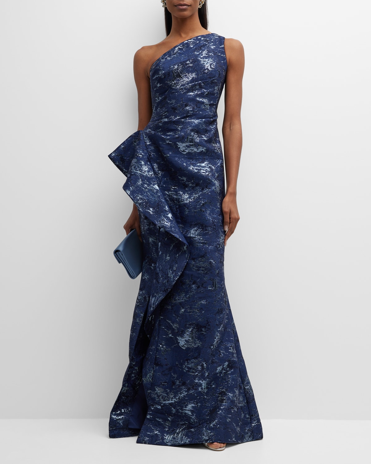 Metallic Jacquard One-Shoulder Side-Ruffle Gown