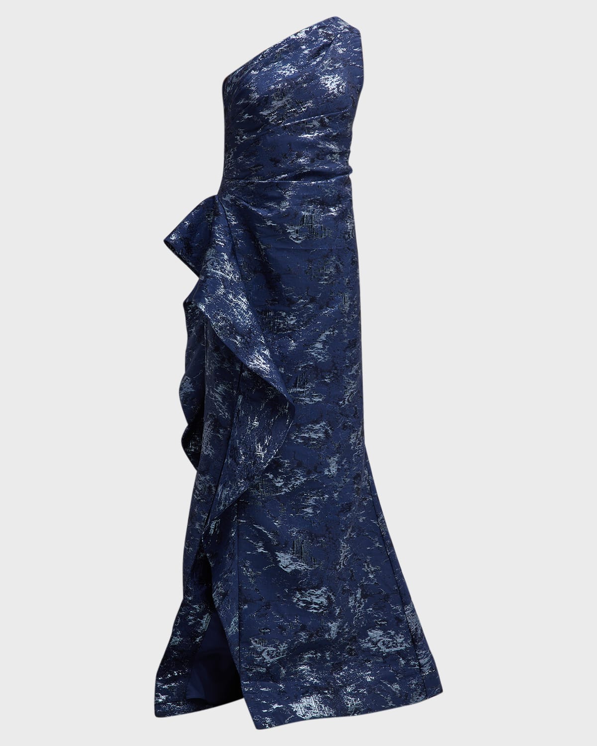 Shop Rickie Freeman For Teri Jon Metallic Jacquard One-shoulder Side-ruffle Gown In Navy