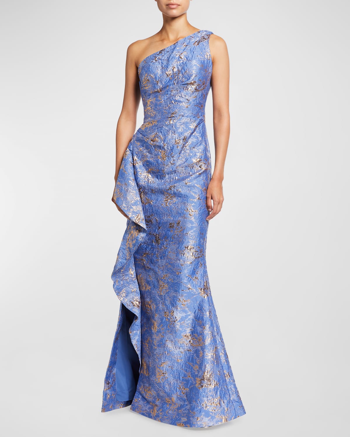Metallic Jacquard One-Shoulder Side-Ruffle Gown