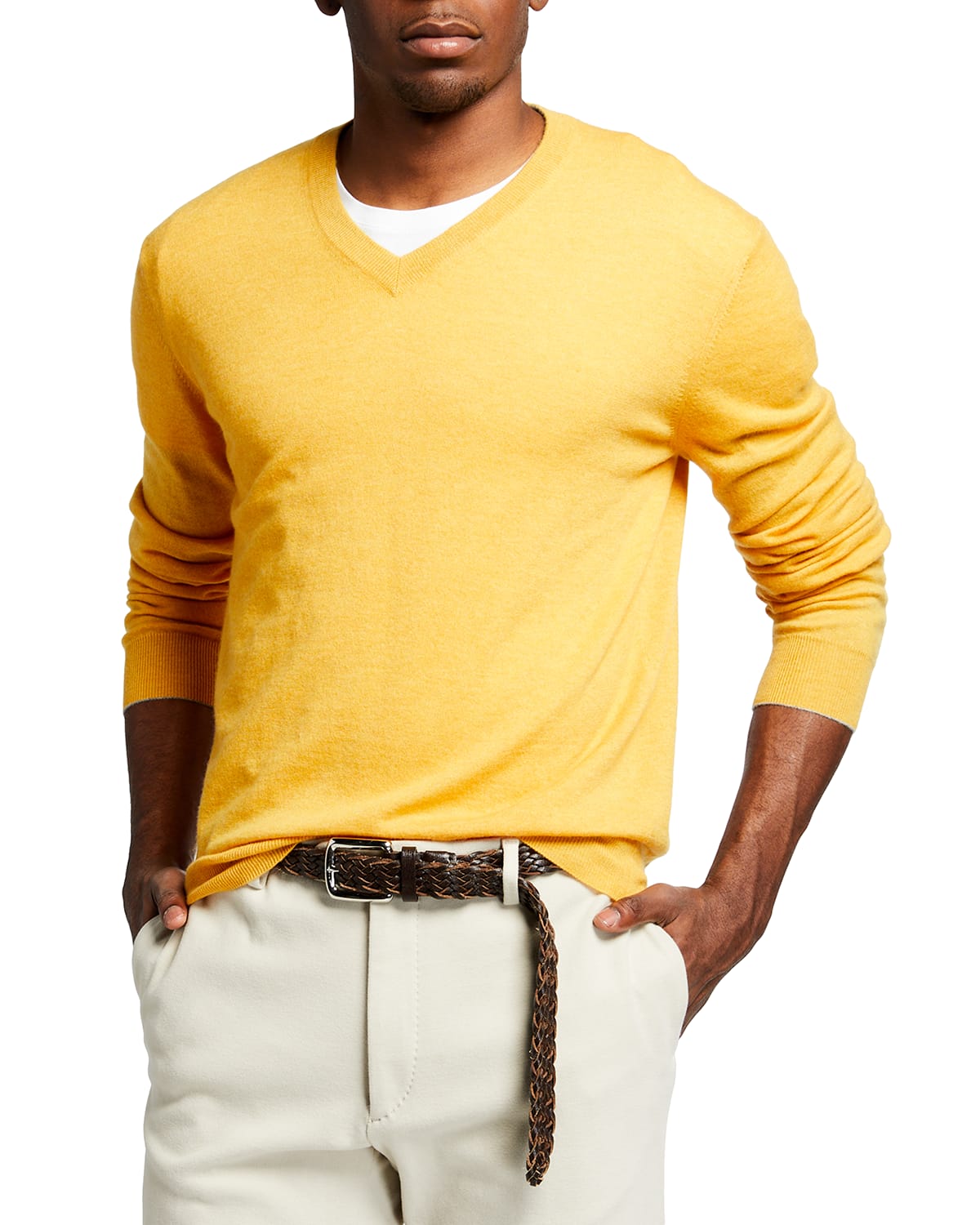 Brunello Cucinelli Men's 2-ply Cashmere V-neck Sweater In Yellow